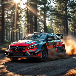 A dynamic scene of a Mercedes AMG rally racing car speeding through a rugged forest landscape, kicking up dirt and debris