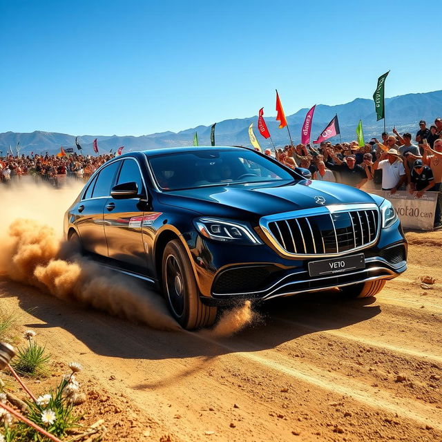 A Mercedes Maybach racing through a rugged rally course, showcasing its luxury and performance