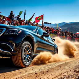 A Mercedes Maybach racing through a rugged rally course, showcasing its luxury and performance