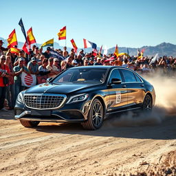 A Mercedes Maybach racing through a rugged rally course, showcasing its luxury and performance