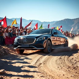 A Mercedes Maybach racing through a rugged rally course, showcasing its luxury and performance