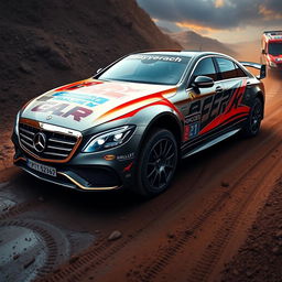 A sleek and powerful Mercedes Maybach designed specifically for rally racing, featuring bold and vibrant racing design elements