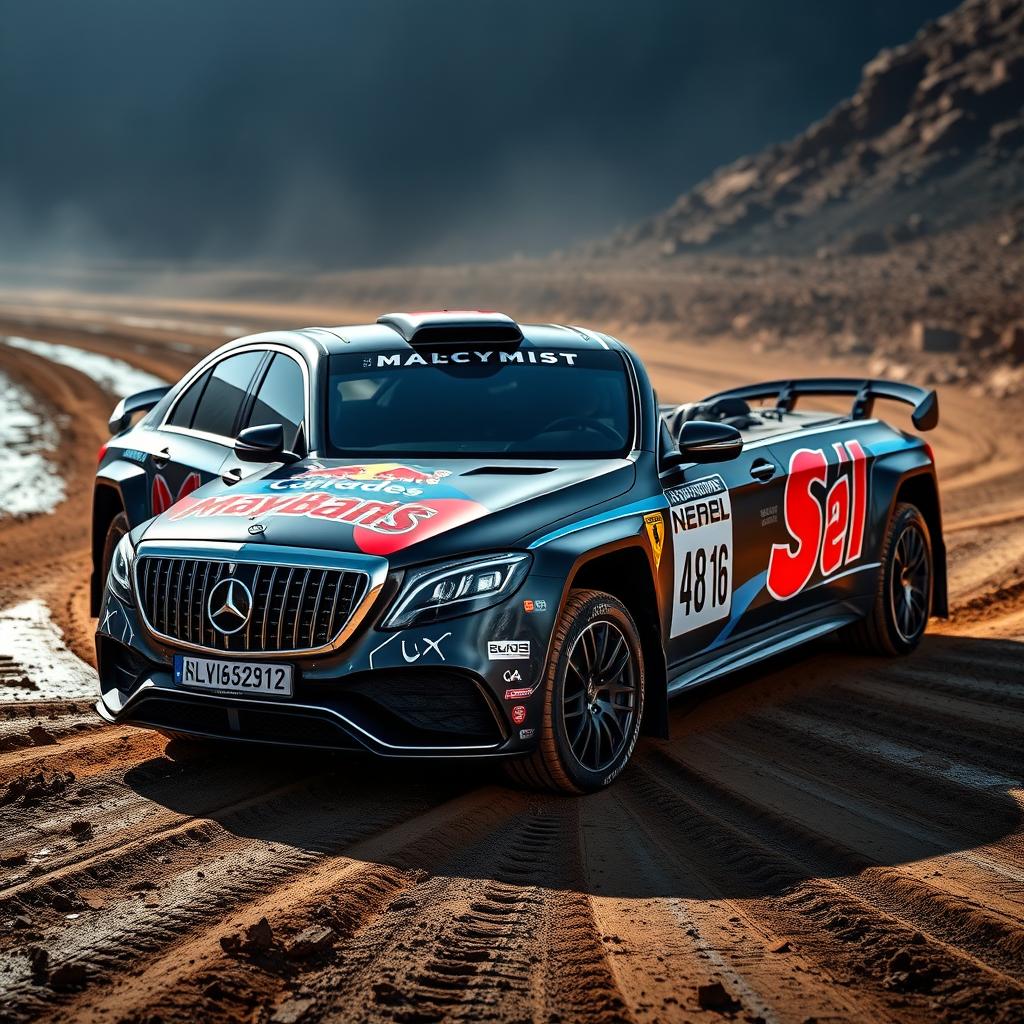 A sleek and powerful Mercedes Maybach designed specifically for rally racing, featuring bold and vibrant racing design elements