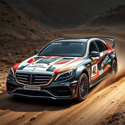 A sleek and powerful Mercedes Maybach designed specifically for rally racing, featuring bold and vibrant racing design elements