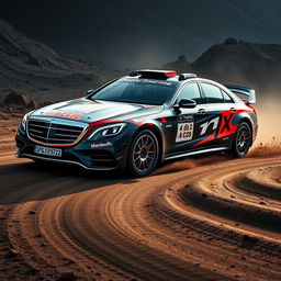 A sleek and powerful Mercedes Maybach designed specifically for rally racing, featuring bold and vibrant racing design elements