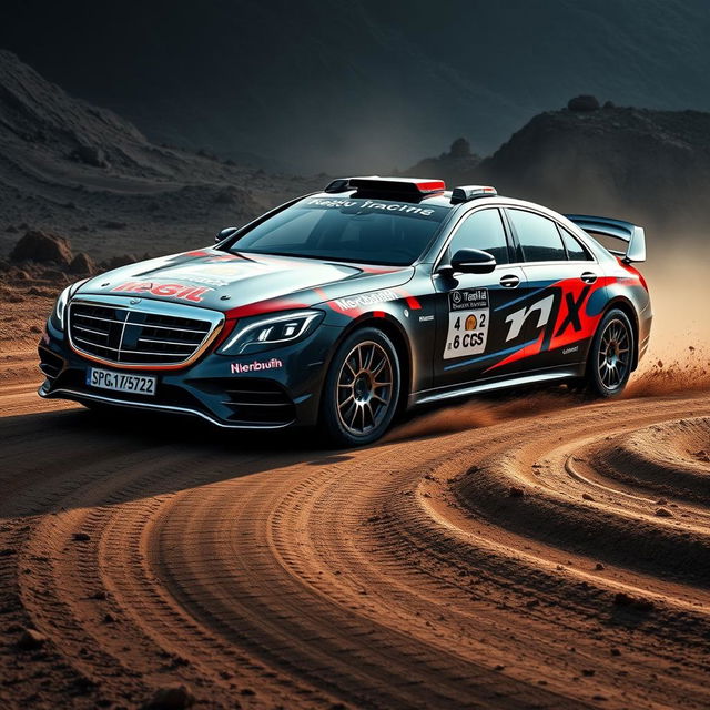 A sleek and powerful Mercedes Maybach designed specifically for rally racing, featuring bold and vibrant racing design elements