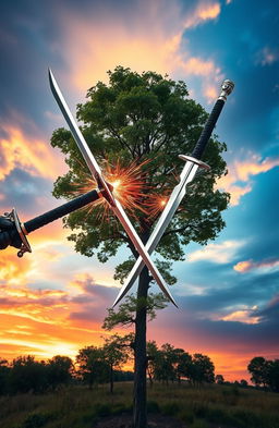 Two beautifully designed swords clashing in mid-air, creating sparks and a dynamic energy