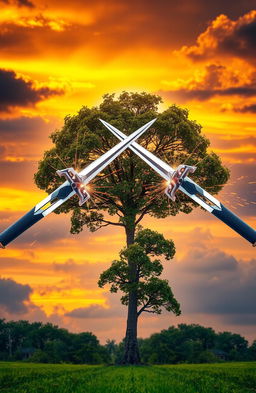 Two beautifully designed swords clashing in mid-air, creating sparks and a dynamic energy