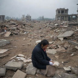 In the wake of the catastrophic tsunami, survivors from all walks of life gravitate to the remnants of their city. The scene captures them weeping amidst the ruins, their collective grief palpable in the devastated landscape.