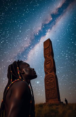 A striking scene featuring a young black African man with vibrant, multi-colored beads woven into his long dreadlocks, gazing thoughtfully at the magnificent Milky Way galaxy filled with countless stars and cosmic beauty