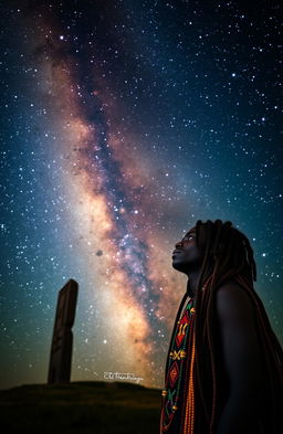 A striking scene featuring a young black African man with vibrant, multi-colored beads woven into his long dreadlocks, gazing thoughtfully at the magnificent Milky Way galaxy filled with countless stars and cosmic beauty