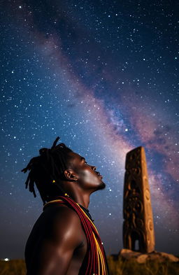 A striking scene featuring a young black African man with vibrant, multi-colored beads woven into his long dreadlocks, gazing thoughtfully at the magnificent Milky Way galaxy filled with countless stars and cosmic beauty