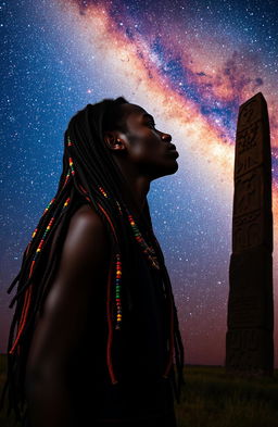 A striking scene featuring a young black African man with vibrant, multi-colored beads woven into his long dreadlocks, gazing thoughtfully at the magnificent Milky Way galaxy filled with countless stars and cosmic beauty