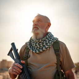 An old soldier, tall and thin, wearing a military uniform complemented by a light brown t-shirt