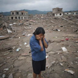 In the wake of the catastrophic tsunami, survivors from all walks of life gravitate to the remnants of their city. The scene captures them weeping amidst the ruins, their collective grief palpable in the devastated landscape.