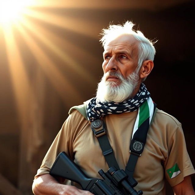 An old soldier, tall and thin, wearing a military uniform complemented by a light brown t-shirt