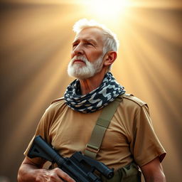 An old soldier, tall and thin, wearing a military uniform complemented by a light brown t-shirt