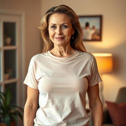 A 50-year-old woman with a confident and warm demeanor stands wearing a thin, slightly sheer T-shirt that highlights the contours of her body