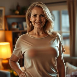 A 50-year-old woman with a confident and warm demeanor stands wearing a thin, slightly sheer T-shirt that highlights the contours of her body
