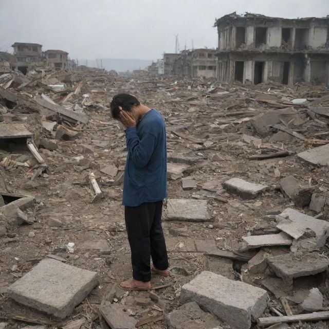 In the wake of the catastrophic tsunami, survivors from all walks of life gravitate to the remnants of their city. The scene captures them weeping amidst the ruins, their collective grief palpable in the devastated landscape.