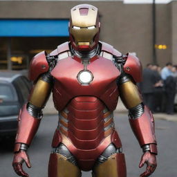 A Nuclearpunk version of Iron Man's suit, embodying the atomic age passion. The suit features a lead-plated armor to resist radiation, Geiger counters, warning signs, and a mini nuclear reactor glowing behind the chest plate, all embracing Iron Man's arc reactor origin