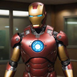 A Nuclearpunk version of Iron Man's suit, embodying the atomic age passion. The suit features a lead-plated armor to resist radiation, Geiger counters, warning signs, and a mini nuclear reactor glowing behind the chest plate, all embracing Iron Man's arc reactor origin