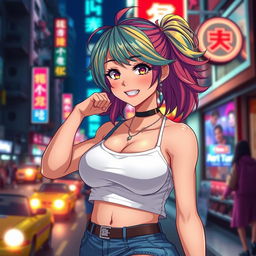 An anime girl with big thighs, showcasing her strength and confidence