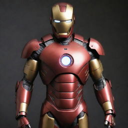 A Nuclearpunk version of Iron Man's suit, embodying the atomic age passion. The suit features a lead-plated armor to resist radiation, Geiger counters, warning signs, and a mini nuclear reactor glowing behind the chest plate, all embracing Iron Man's arc reactor origin