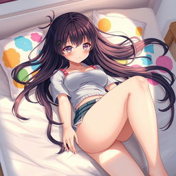 A captivating anime girl with big thighs, lying down prone on a soft, plush bed