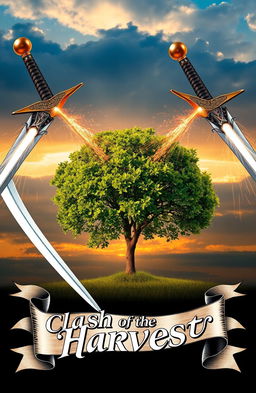 Two ornate swords clashing together in a dramatic fashion, their blades intertwined with sparks flying from the point of impact
