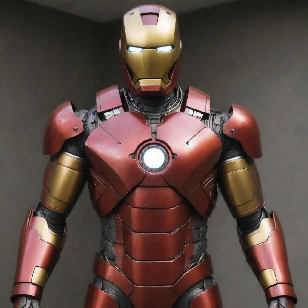 A Nuclearpunk version of Iron Man's suit, embodying the atomic age passion. The suit features a lead-plated armor to resist radiation, Geiger counters, warning signs, and a mini nuclear reactor glowing behind the chest plate, all embracing Iron Man's arc reactor origin