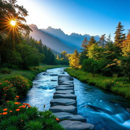 A mystical and serene landscape representing the theme 'Caminho da Cura' (Path of Healing)