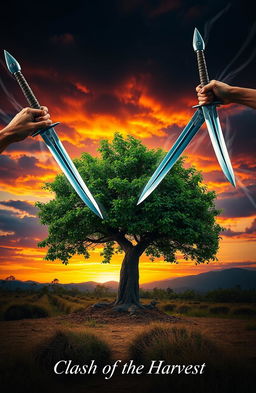 An intense scene depicting two swords clashing in mid-air, with dynamic motion and vibrant action