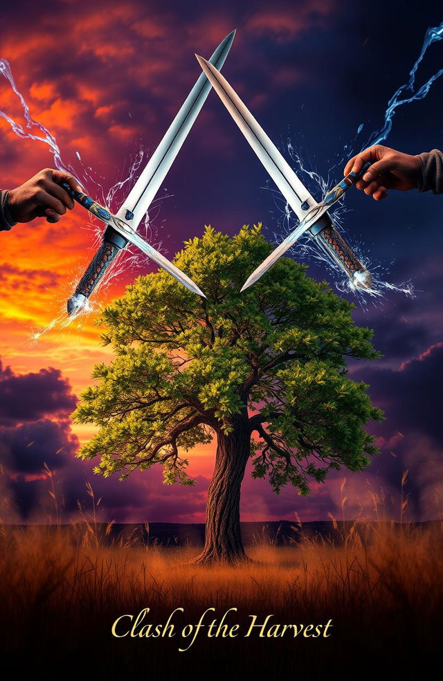 An intense scene depicting two swords clashing in mid-air, with dynamic motion and vibrant action