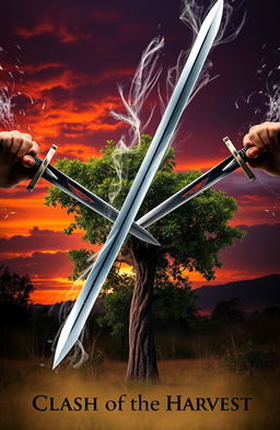 An intense scene depicting two swords clashing in mid-air, with dynamic motion and vibrant action