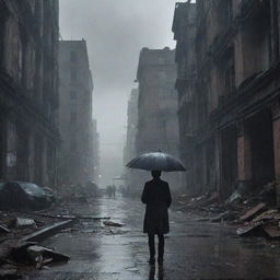 Suddenly, a downpour is unleashed upon the devastated city. The survivors, already weeping amidst the ruins, now stand under the relentless rain, adding to the somber, melancholic mood of the scene.