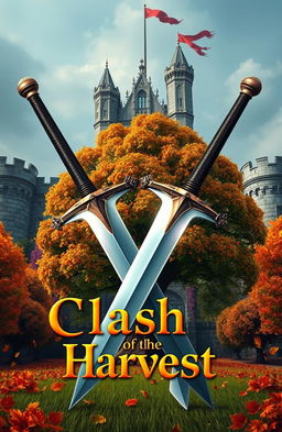 Two swords crossed in an X shape, with a large tree standing prominently in the middle