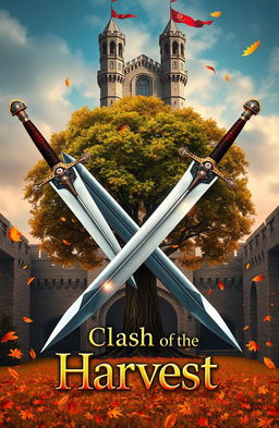 Two swords crossed in an X shape, with a large tree standing prominently in the middle