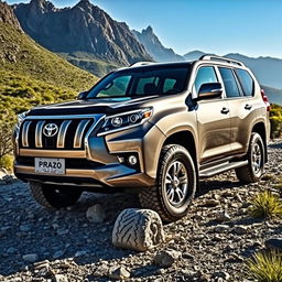 A sleek and powerful Toyota Prado, an extra-large 4x4 vehicle, showcased in a stunning outdoor landscape