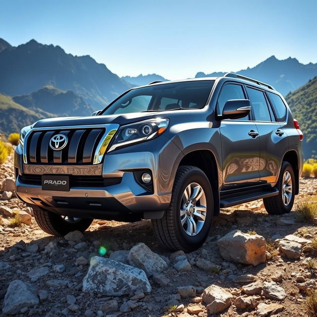 A sleek and powerful Toyota Prado, an extra-large 4x4 vehicle, showcased in a stunning outdoor landscape