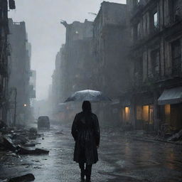 Suddenly, a downpour is unleashed upon the devastated city. The survivors, already weeping amidst the ruins, now stand under the relentless rain, adding to the somber, melancholic mood of the scene.