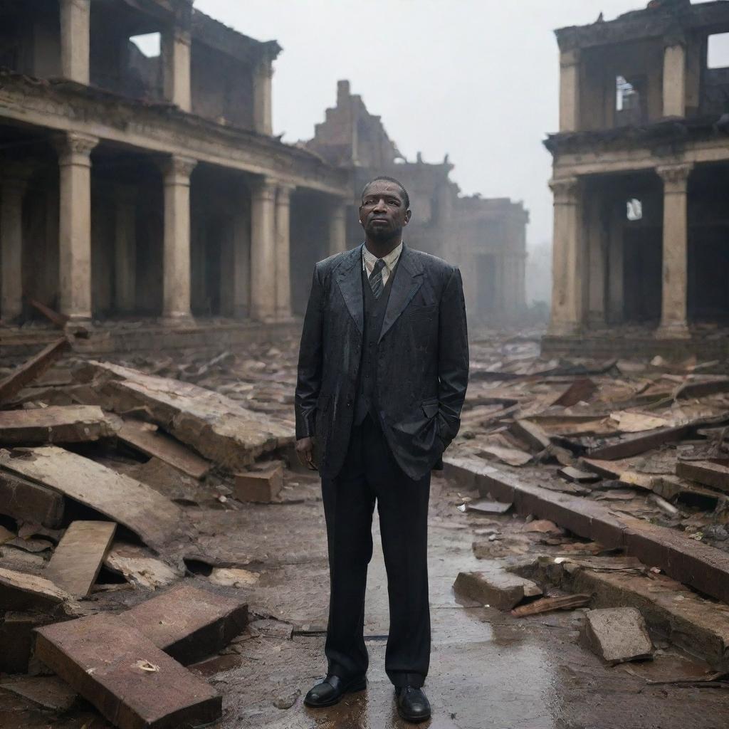 Among the devastated city's survivors, a wealthy individual stands out. He weeps amidst the ruins of his once grand home, the heavy rain pouring down on him, embodying loss and grief that transcend material wealth.