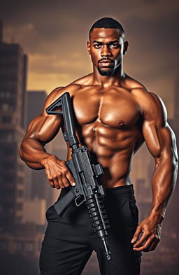 A well-built, bare-chested Black man standing confidently, holding an assault rifle