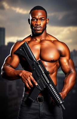 A well-built, bare-chested Black man standing confidently, holding an assault rifle
