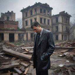 Among the devastated city's survivors, a wealthy individual stands out. He weeps amidst the ruins of his once grand home, the heavy rain pouring down on him, embodying loss and grief that transcend material wealth.