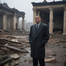 Among the devastated city's survivors, a wealthy individual stands out. He weeps amidst the ruins of his once grand home, the heavy rain pouring down on him, embodying loss and grief that transcend material wealth.