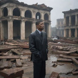 Among the devastated city's survivors, a wealthy individual stands out. He weeps amidst the ruins of his once grand home, the heavy rain pouring down on him, embodying loss and grief that transcend material wealth.