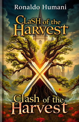 A fantastical book cover featuring two swords crossed in an X shape at the center, with a large, majestic tree standing between them