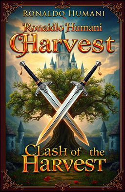 A fantastical book cover featuring two swords crossed in an X shape at the center, with a large, majestic tree standing between them