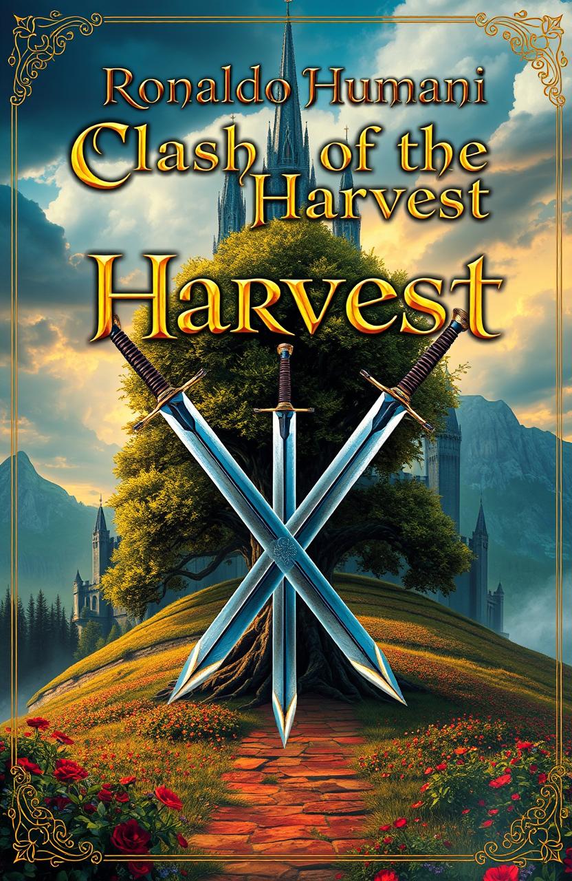 A fantastical book cover featuring two swords crossed in an X shape at the center, with a large, majestic tree standing between them